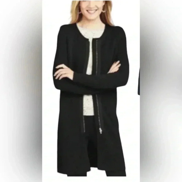 Talbots Black Pure Merino Wool Zip Front Longline Cardigan Sweater - Picture 7 of 13